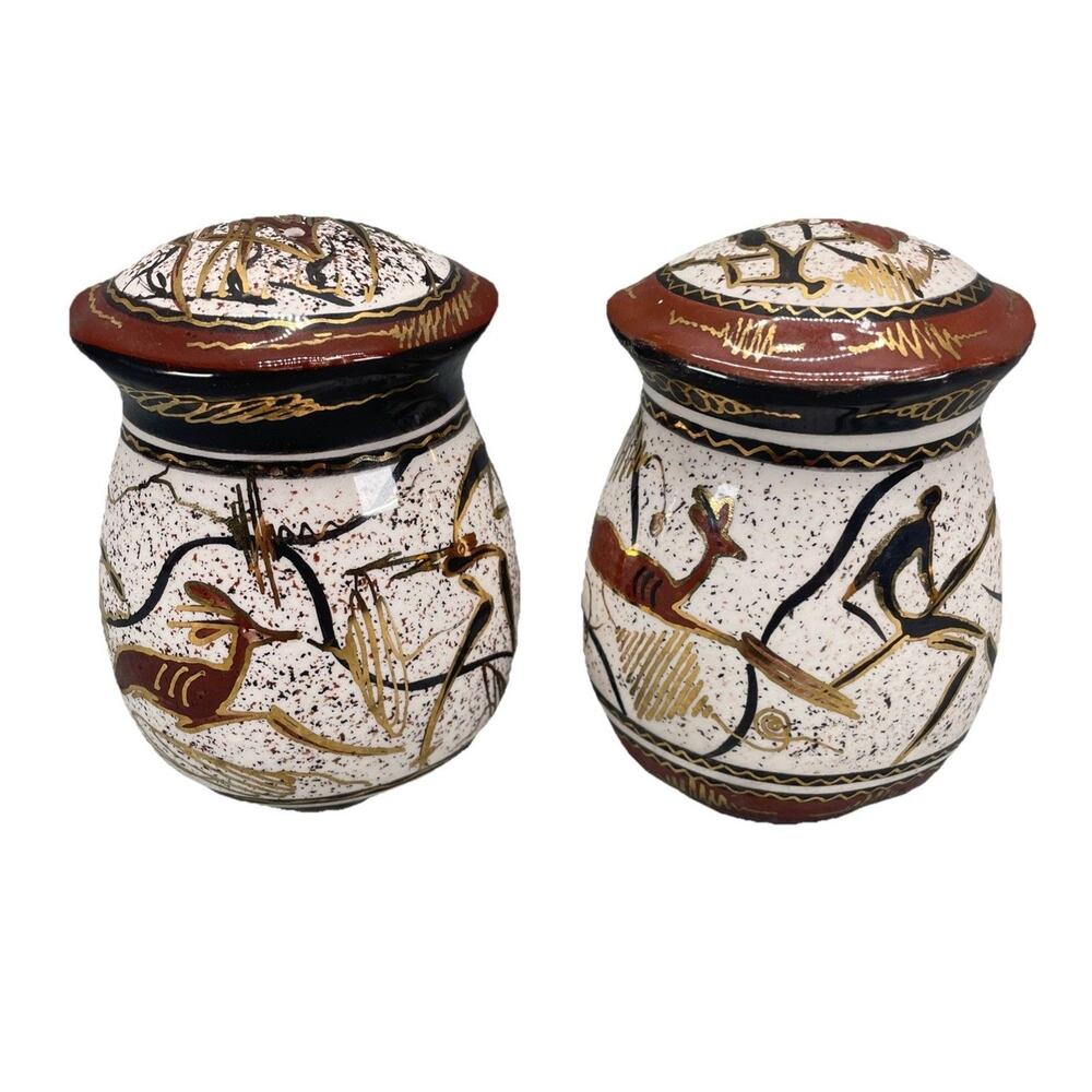 Hand-Painted‎ Tribal-Inspired Ceramic Salt & Pepper Shakers Artist Priscilla M.